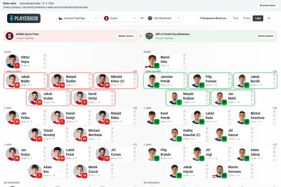 Snímek obrazovky dema PlayerHub