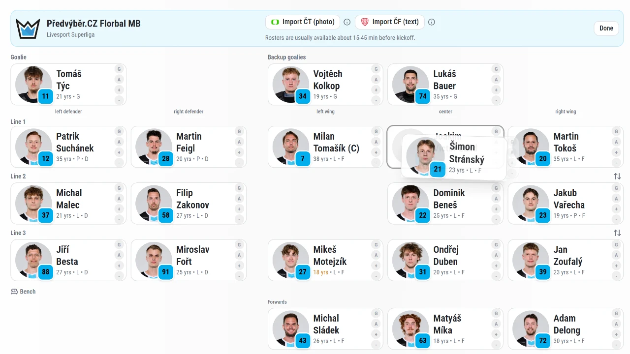 Lineup editing: a player dragged from line 2 to line 1
