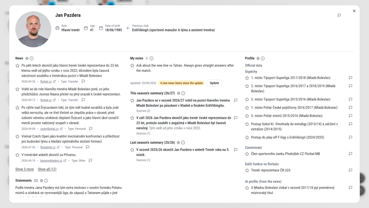 Coach detail with news, statements, AI season summaries, profile and an own note