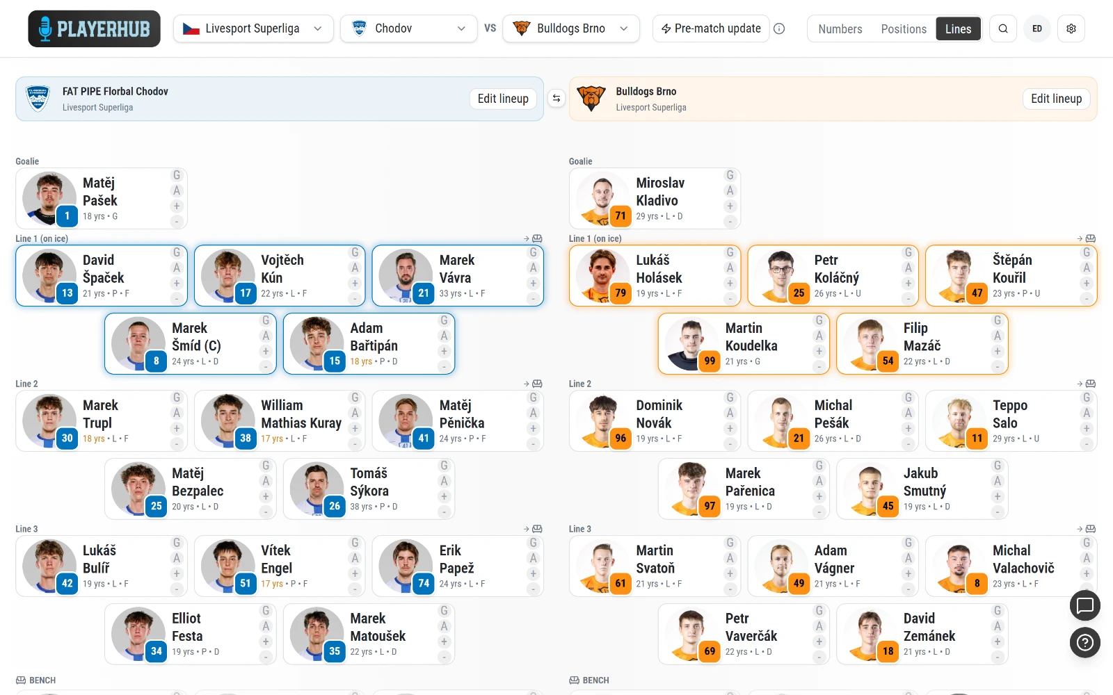 PlayerHub, both teams' active lineup